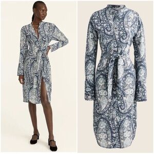 J.Crew Silk Tie Front Shirtdress Paisley Print Long Sleeve Blue Size 2